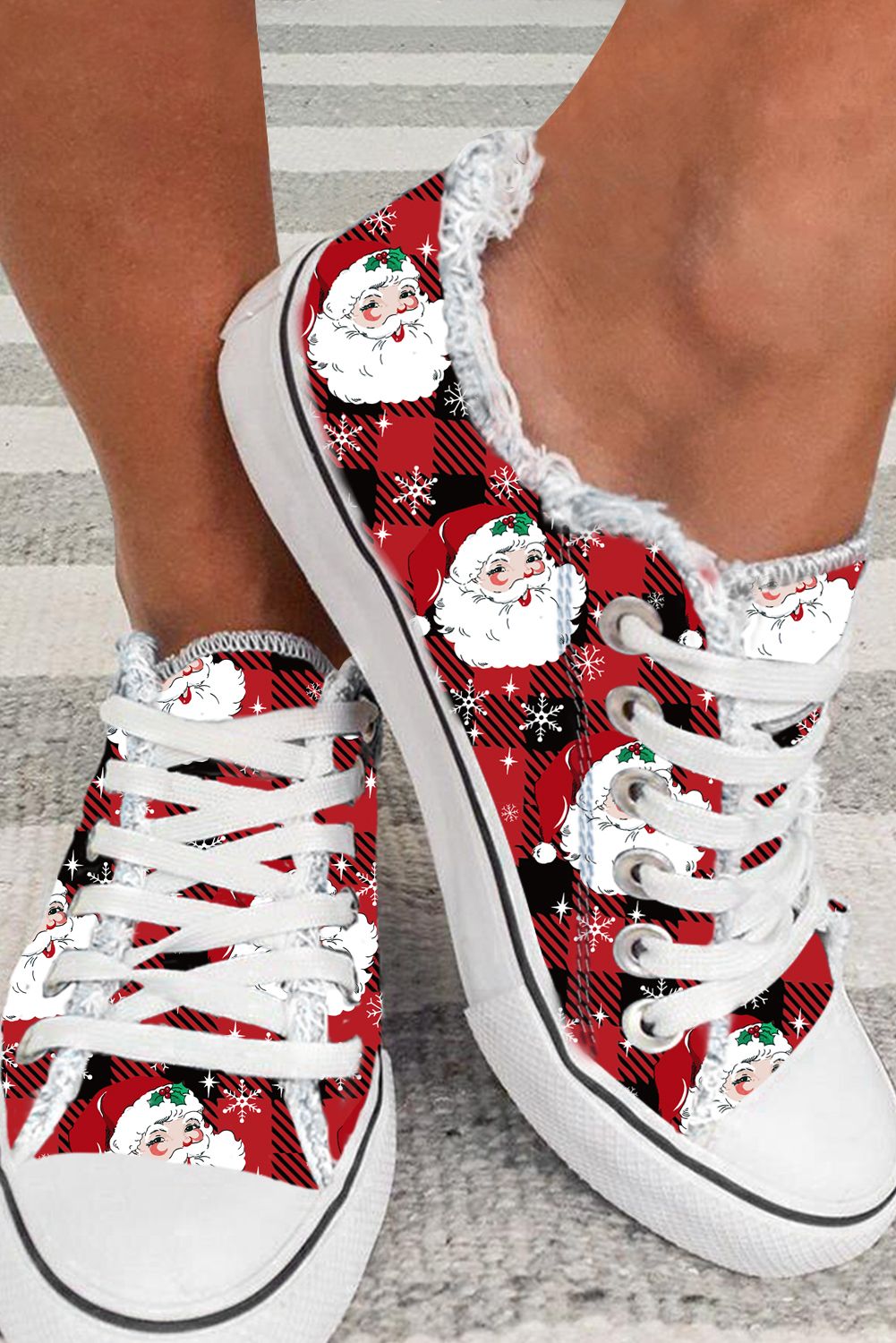 Red Buffalo Plaid Santa Claus Print Flat Canvas Shoes