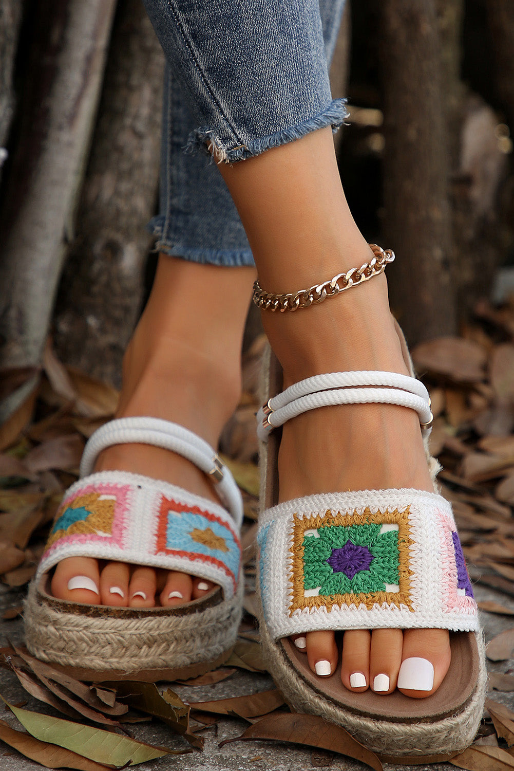 White Boho Floral Crochet Two Way Wear Slippers