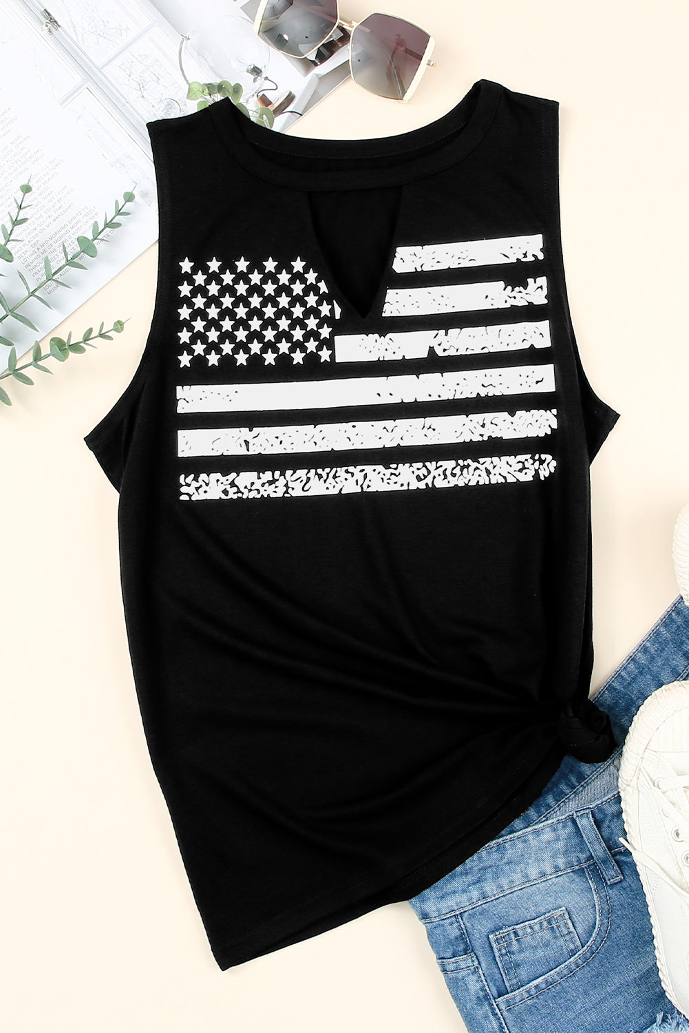 Black Cutout American Flag Print Tank Top