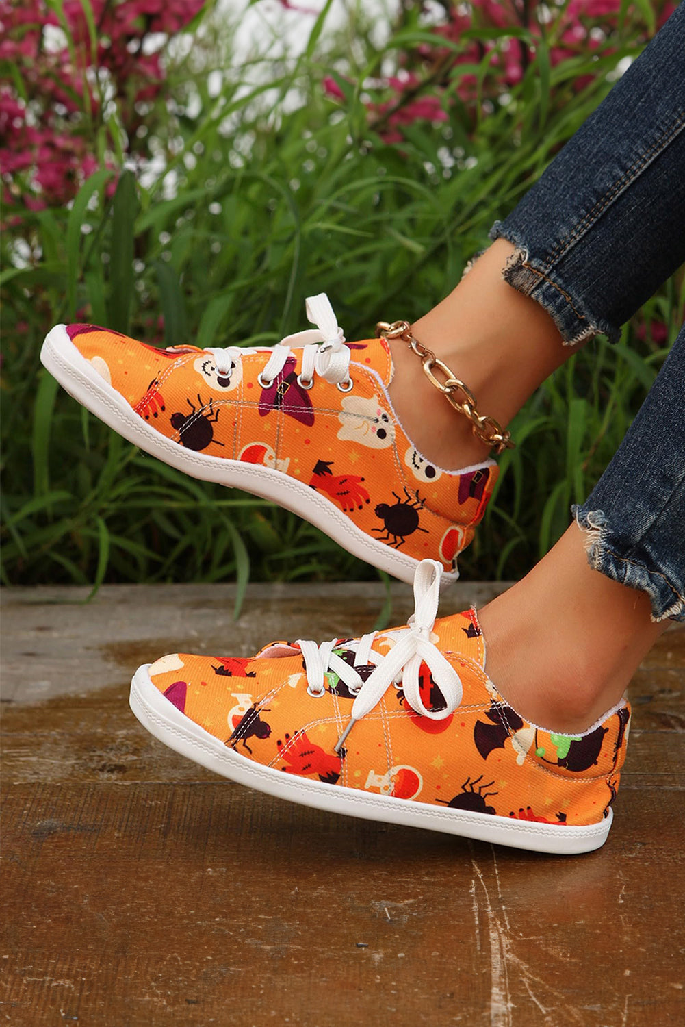 Orange Halloween Pumpkin Ghost Print Lace-up Flat Shoes