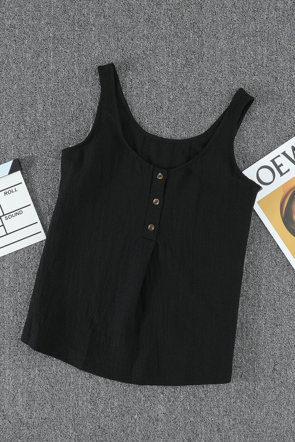 Black Button Textured Tank Top