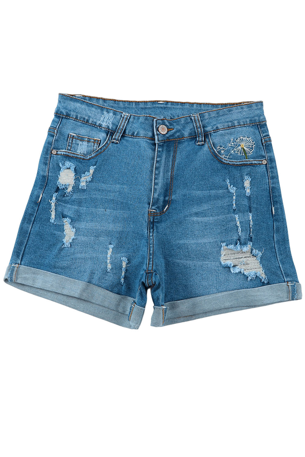 Sky Blue Dandelion Embroidered Ripped Denim Shorts