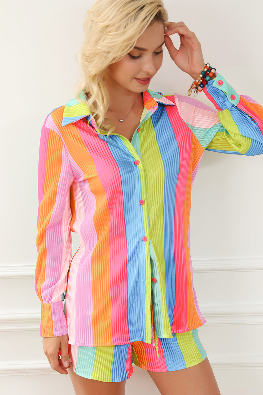 Multicolor Rainbow Stripe Crinckle Shirt and Shorts Outfit