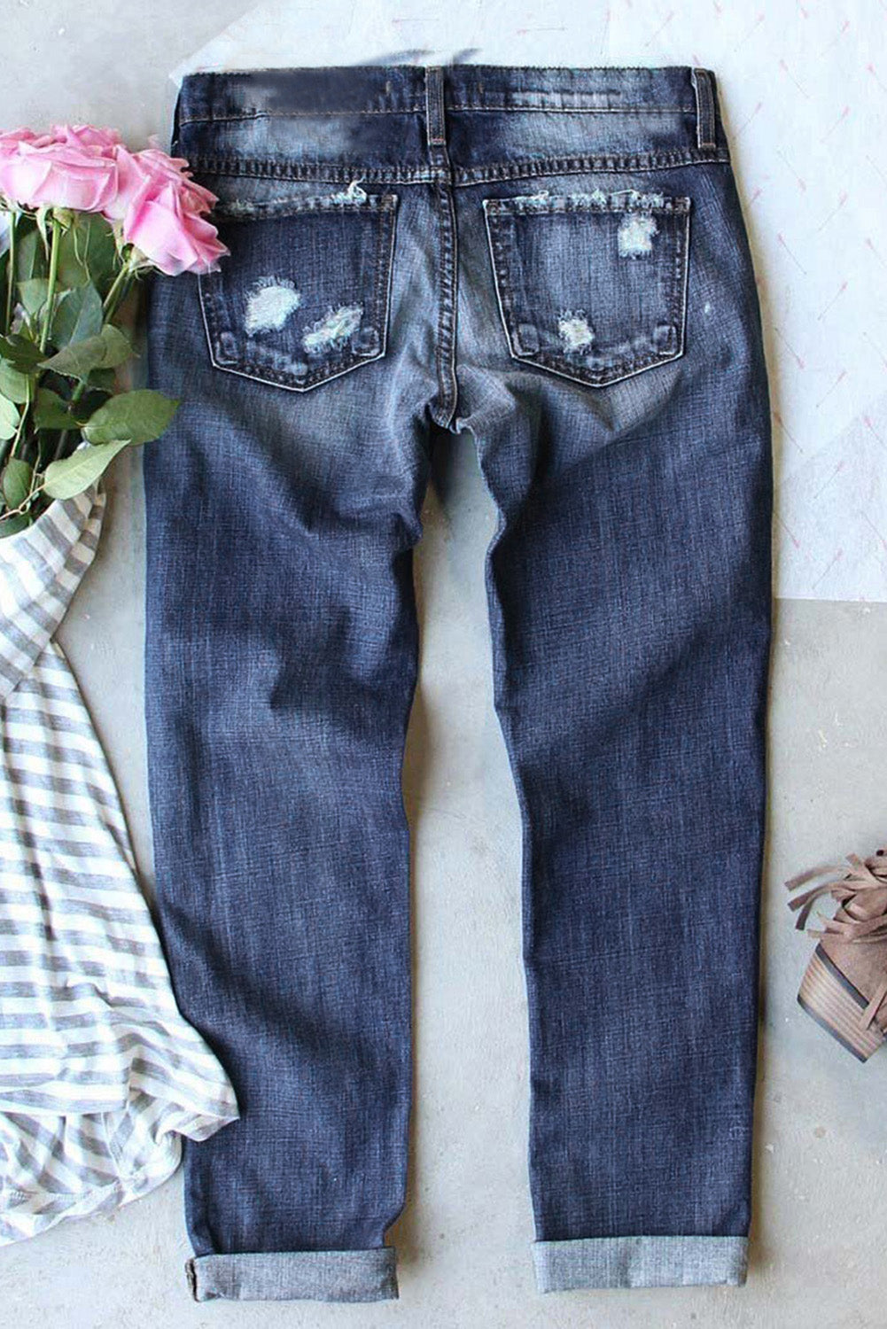 Gray Floral Leopard Print Patchwork Distressed High Waist Jeans