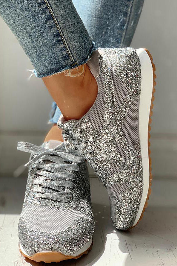 Grey Mesh Sequins Lace up Women Sports Sneakers