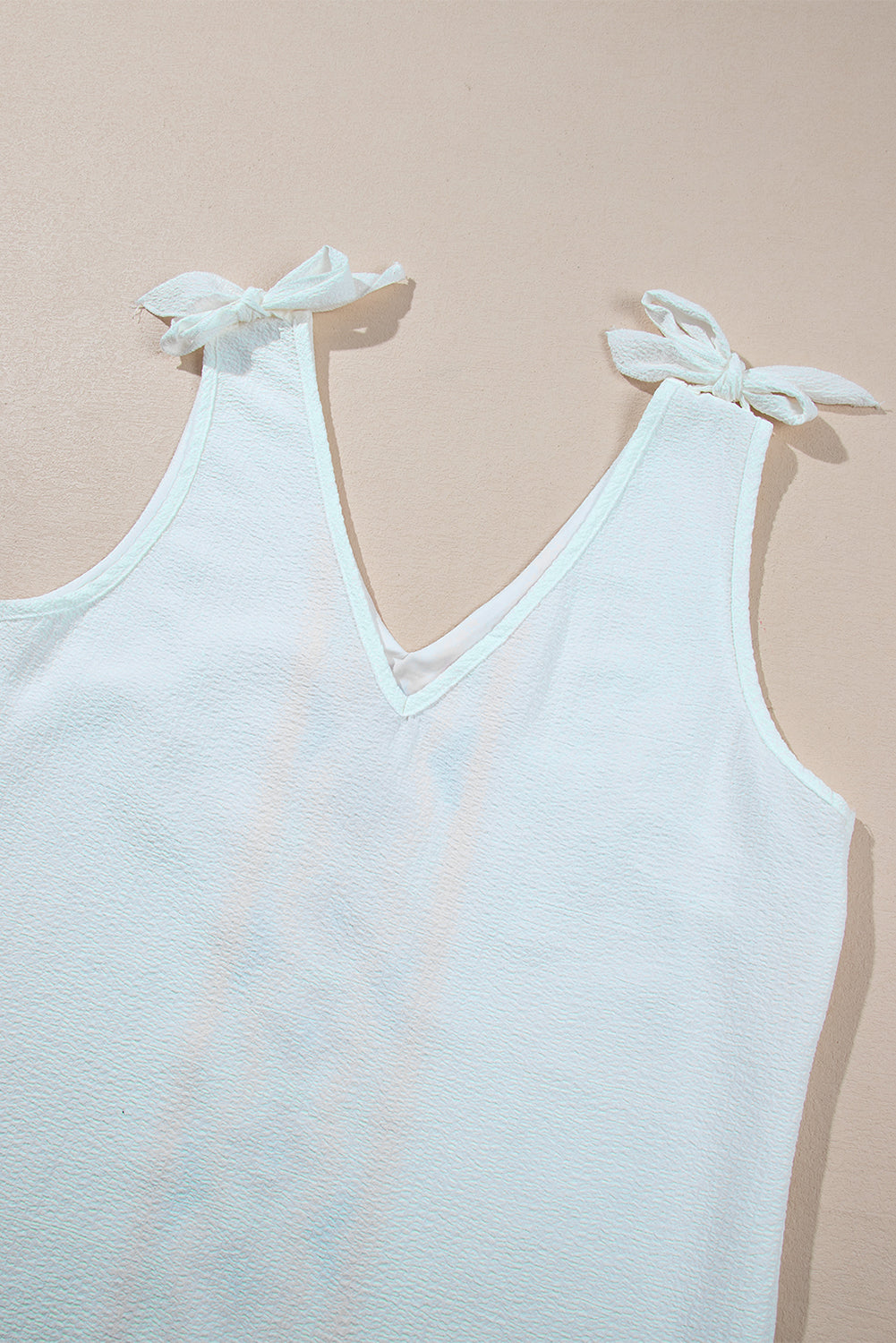 White Floral Embroidered Knot Straps Textured Tank Top