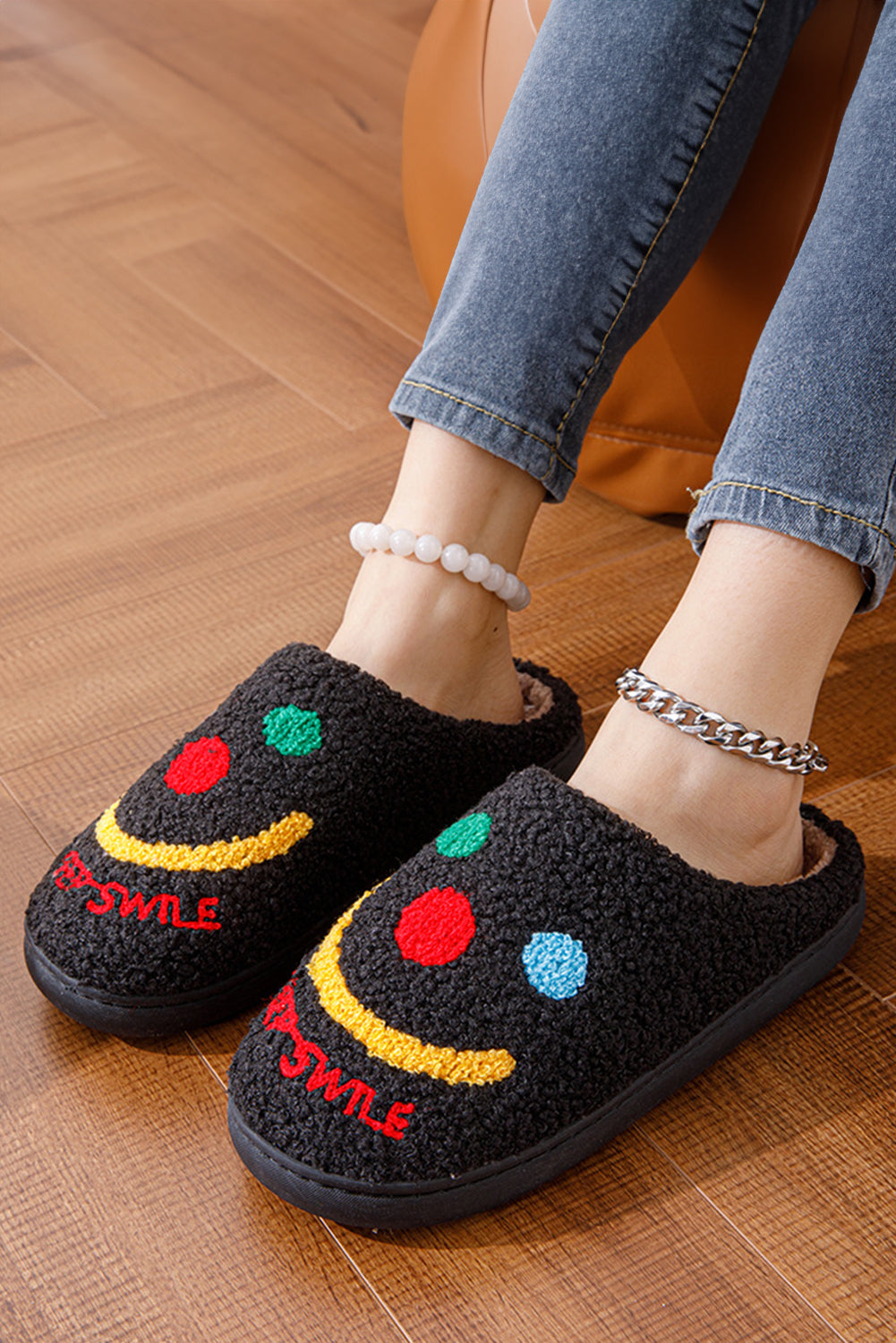 Black Keep Smile Printed Sherpa Home Slippers