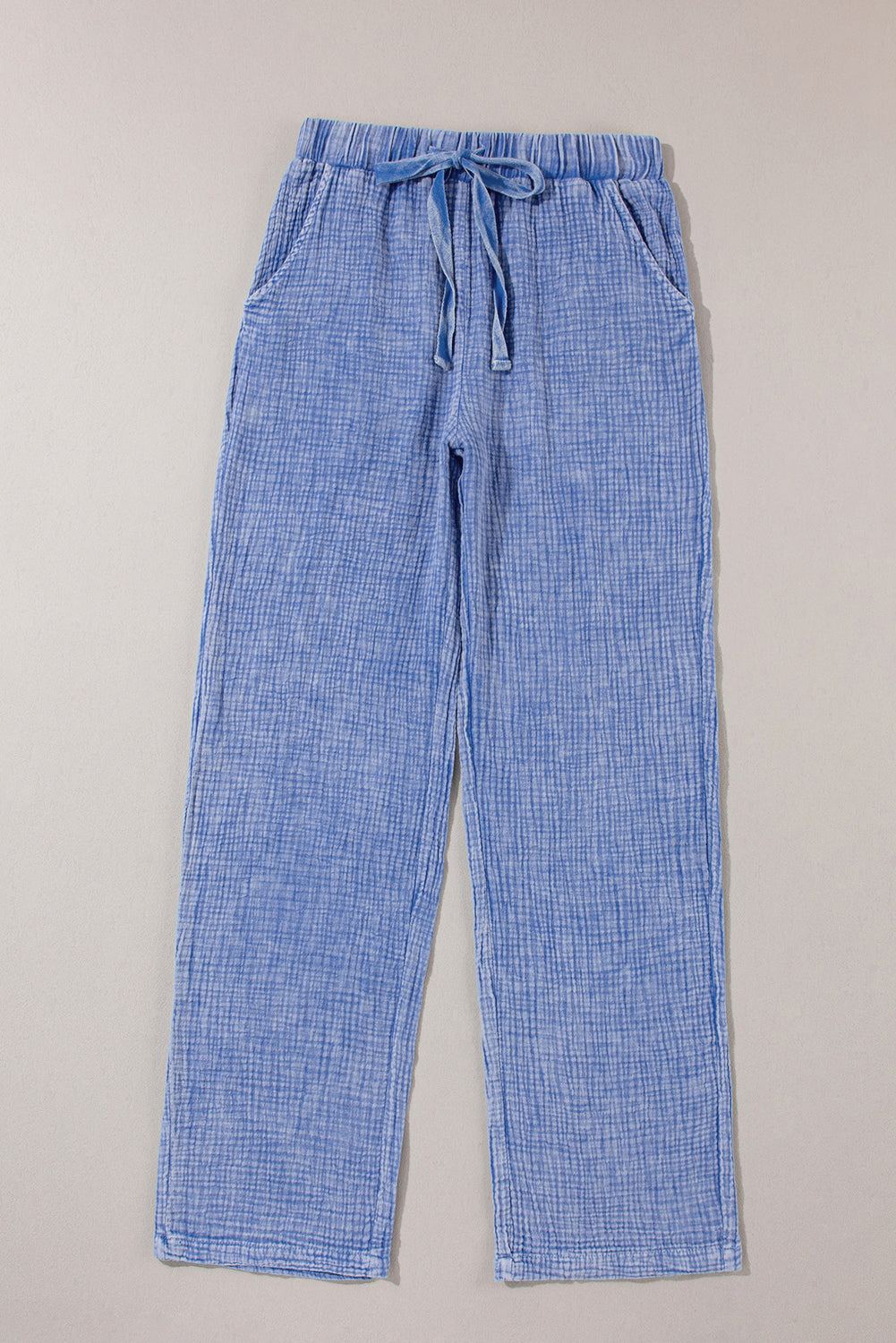 Sky Blue Washed Textured Drawstring Waist Straight Leg Pants