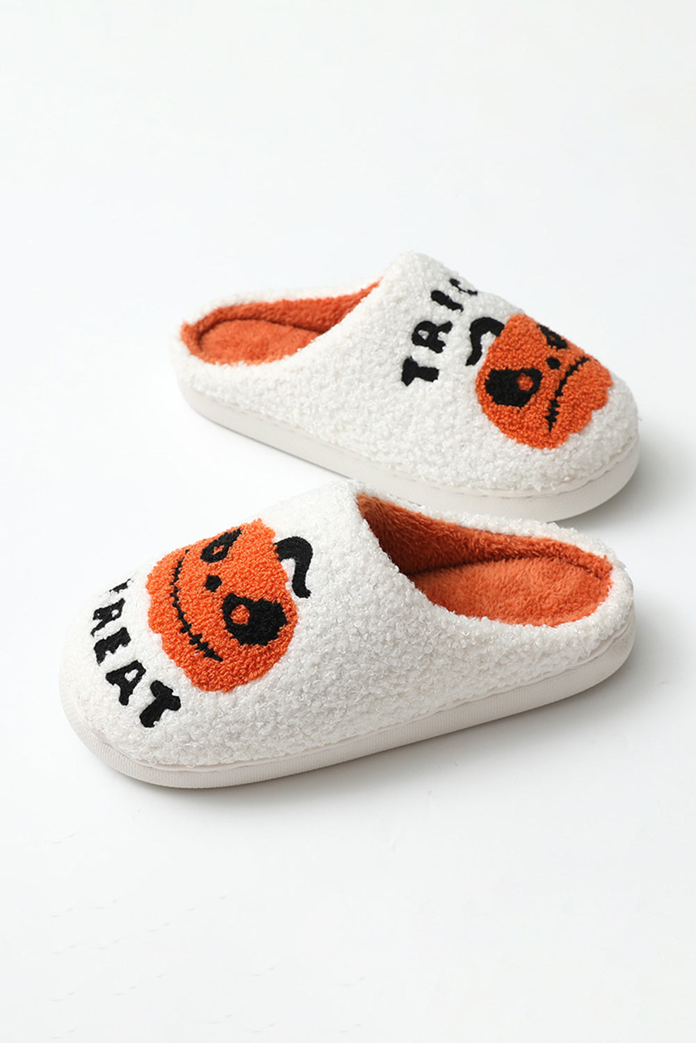 White Halloween Pumpkin Trick Or Treat Plush Slippers