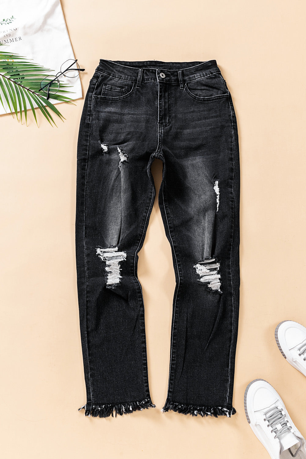 Black Distressed Raw Hem Button Mid Waist Jeans