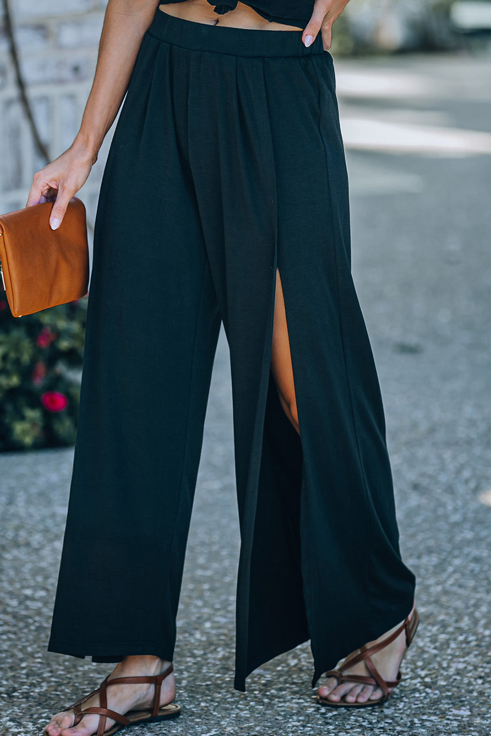 Black Side Slit Wide Leg Mid Waist Pants