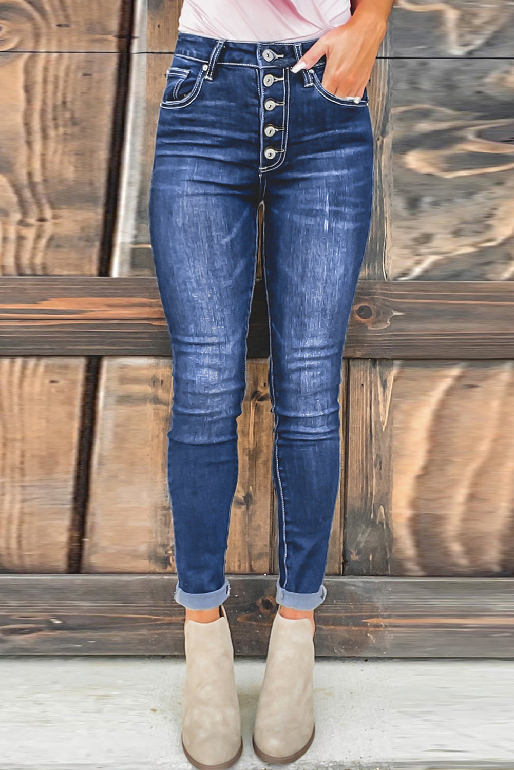 Blue High Rise Skinny Button Fly Jeans