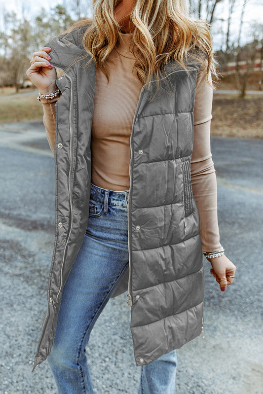 Dark Grey Hooded Long Quilted Vest Coat