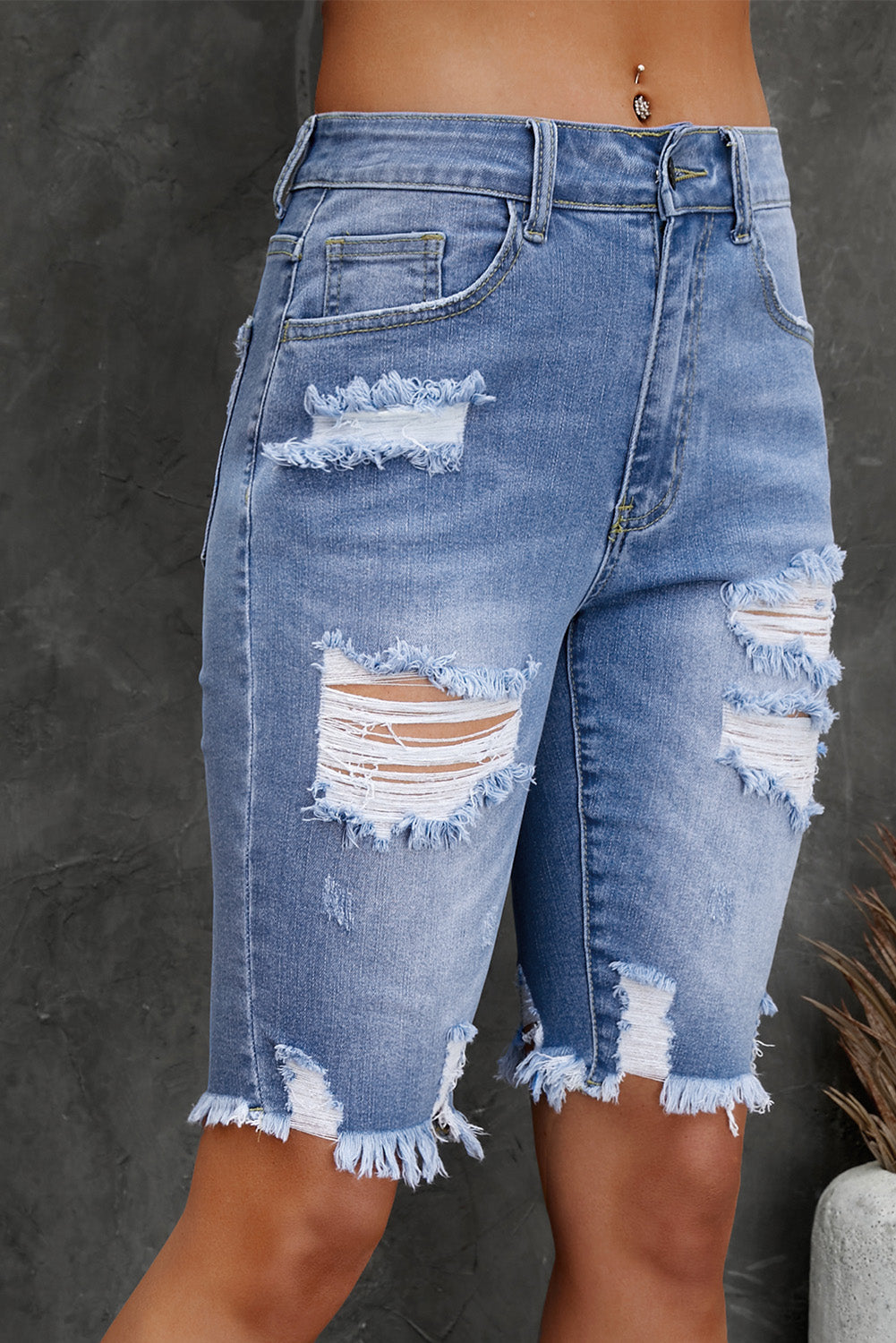 Sky Blue Ripped Tassel Bermuda Denim Shorts