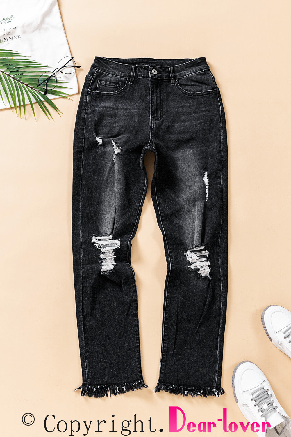 Black Distressed Raw Hem Button Mid Waist Jeans