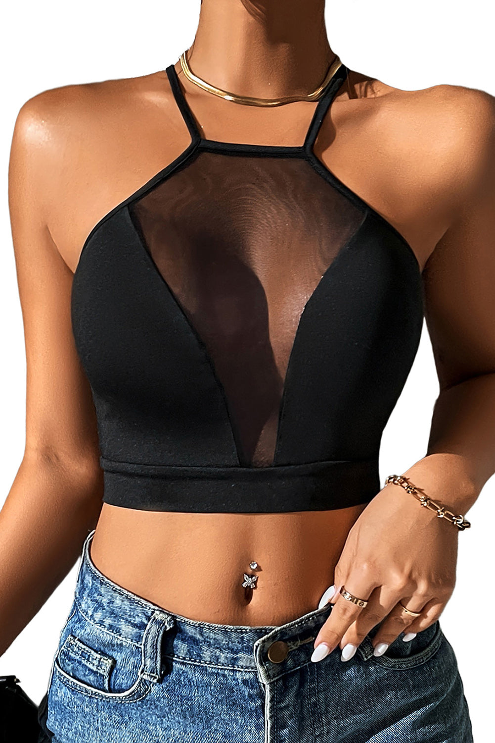 Black Daring Mesh Insert Cross Straps Cropped Top