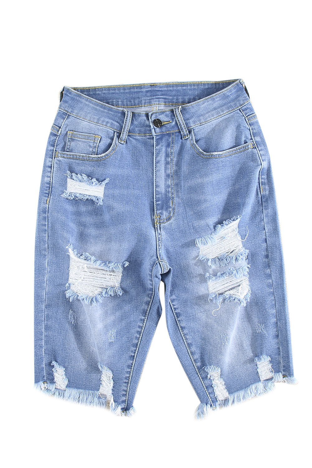 Sky Blue Ripped Tassel Bermuda Denim Shorts