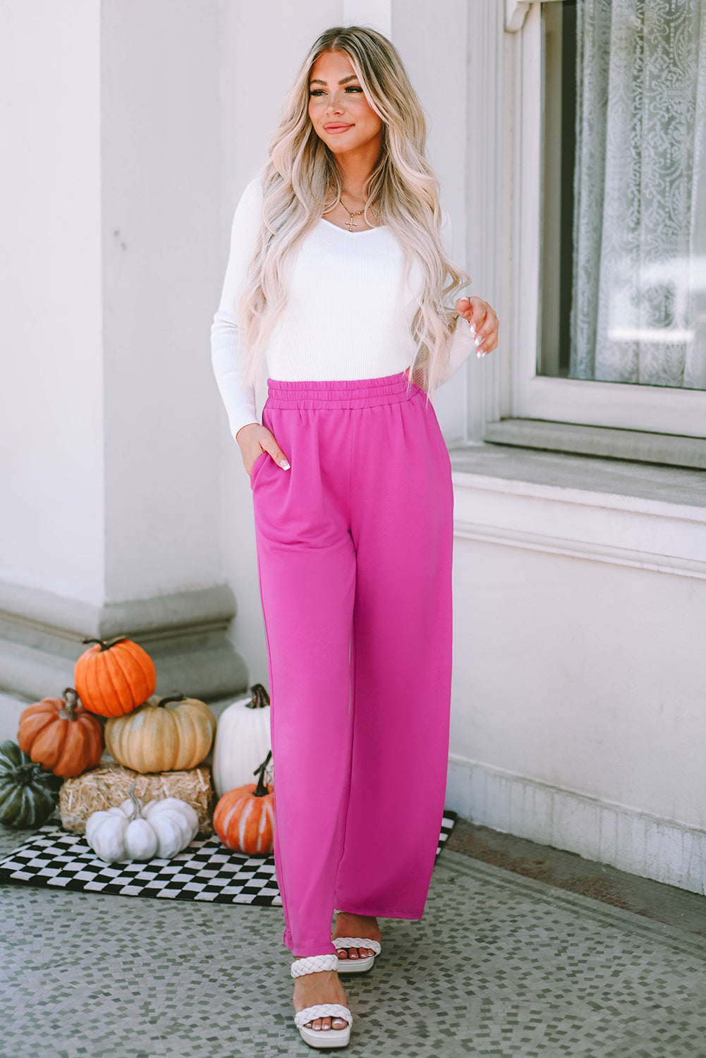 Rose Elastic Waist Pocketed Wide Leg Pants