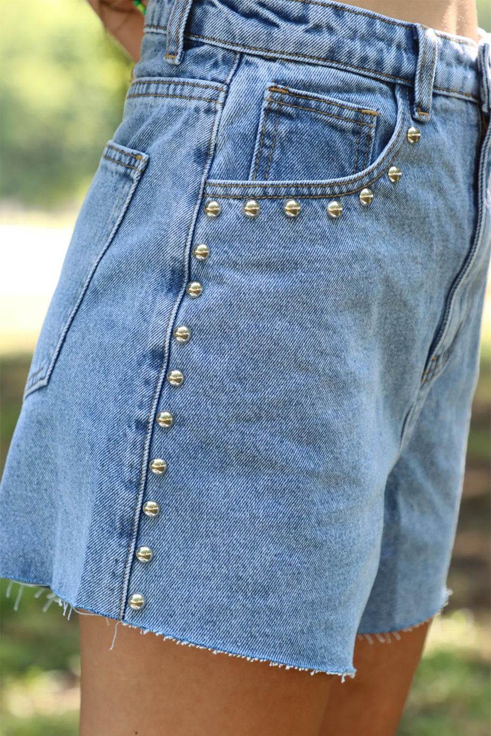 Sky Blue Stud Embellished High Waist Denim Shorts