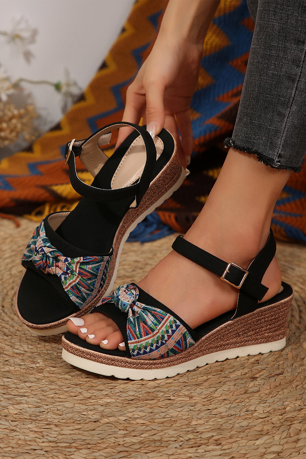 Color black Contrast Bow Decor Buckle Strap Wedge Sandals