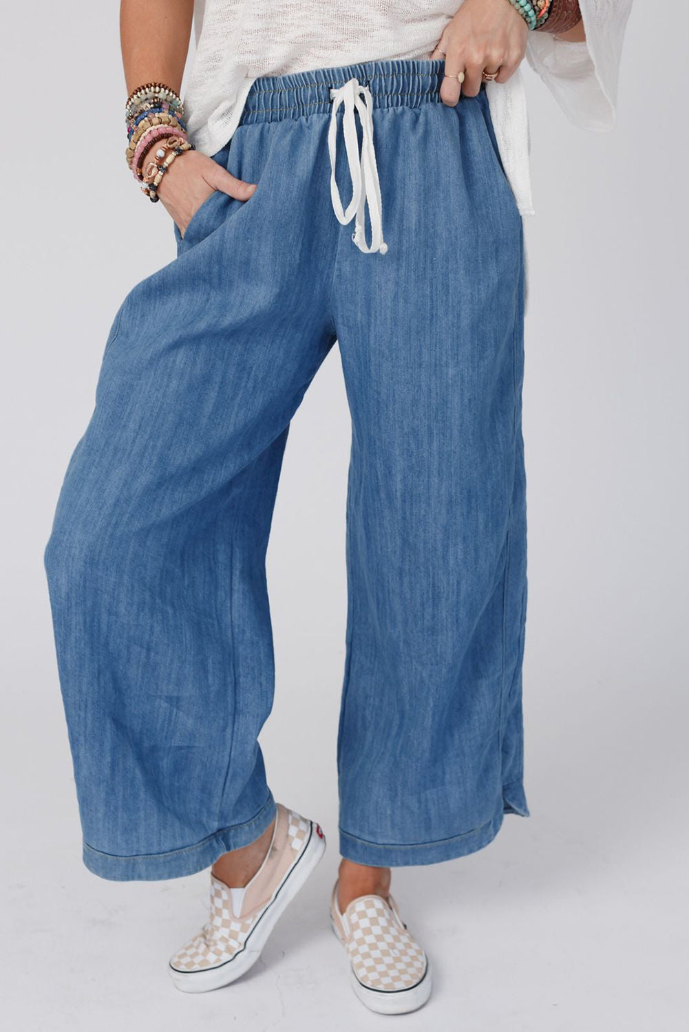 Sky Blue Wide Leg Drawstring Waist Loose Pants