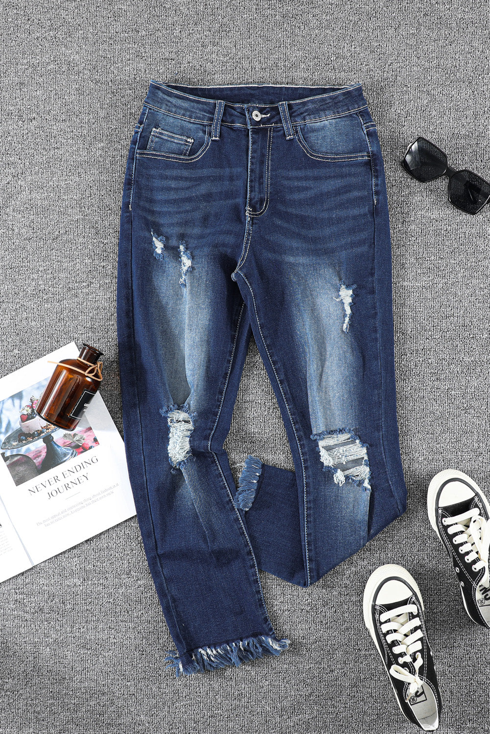 Blue Distressed Raw Hem Button Mid Waist Jeans