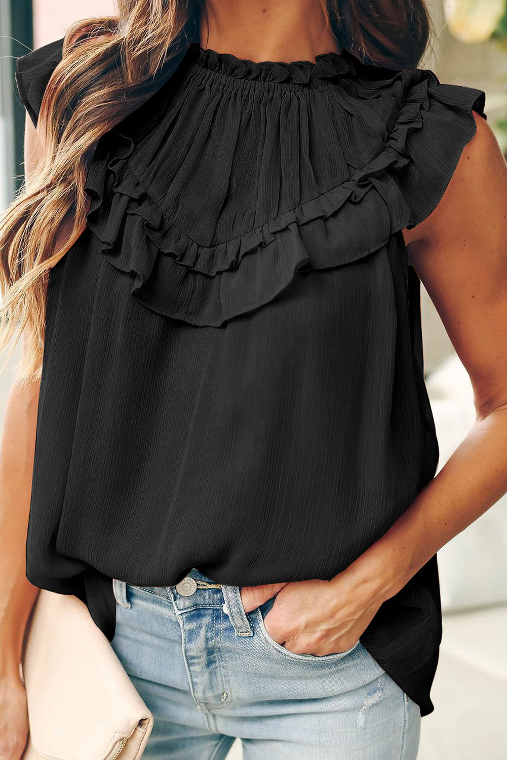 Black Frilled Detail Tulle Tank Top