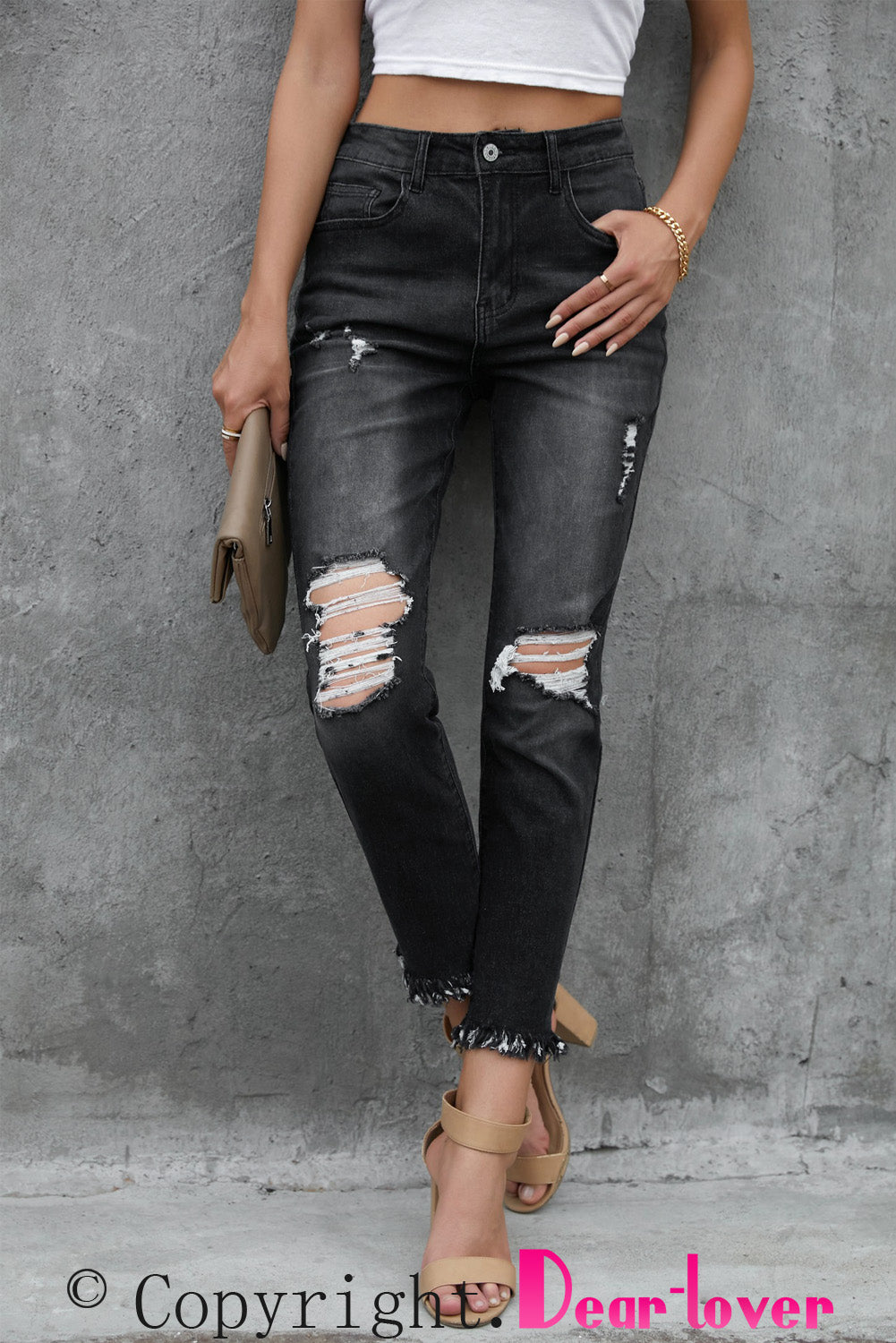 Black Distressed Raw Hem Button Mid Waist Jeans