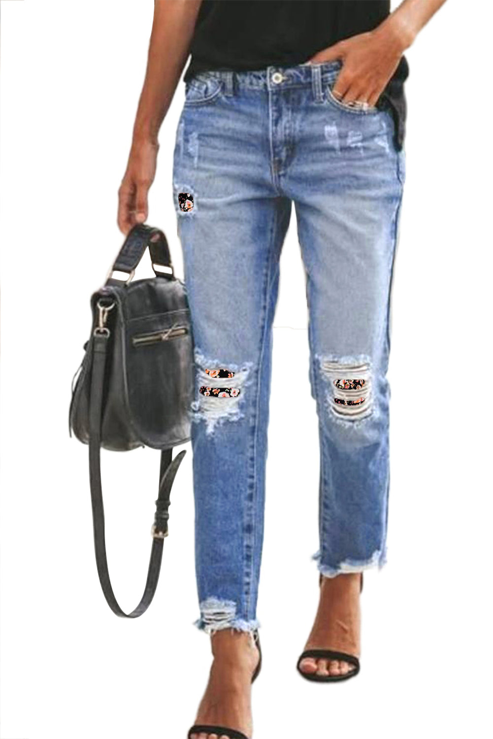 Black Floral Patchwork Hollow Out Frayed Hem Ripped Jeans