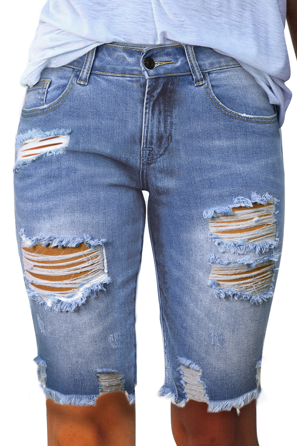 Sky Blue Ripped Tassel Bermuda Denim Shorts