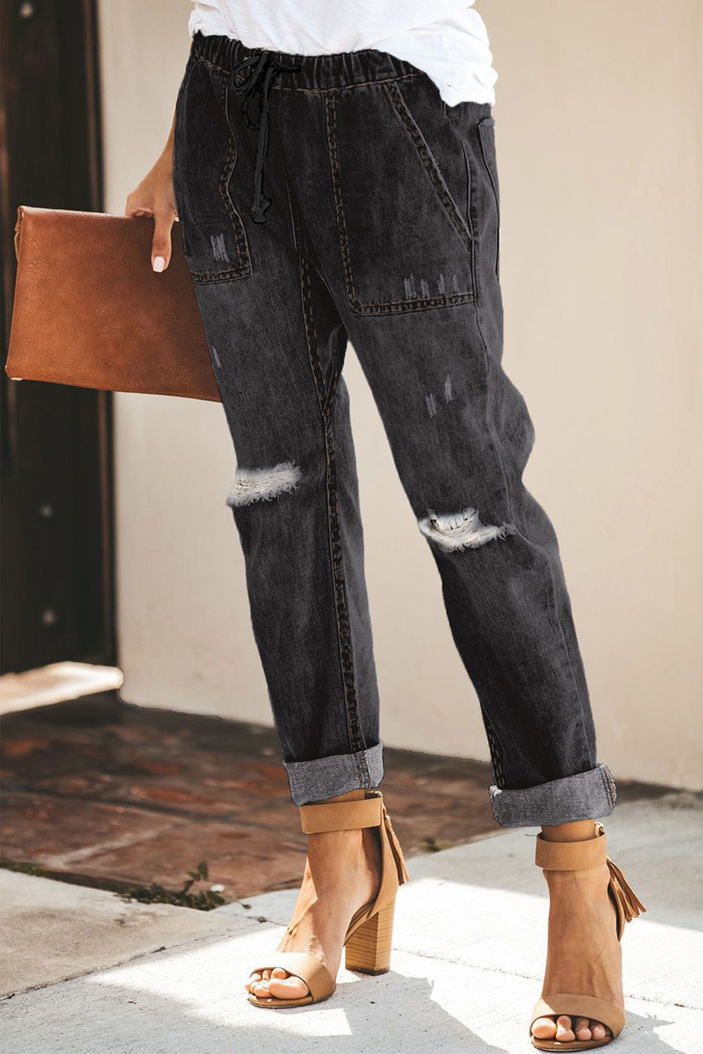 Black Gather Round Distressed Pocketed Denim Jogger