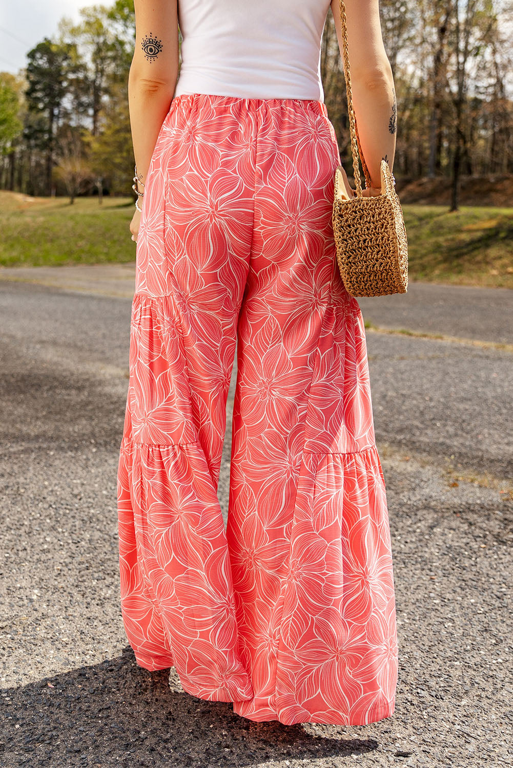 Pink Bohemian Floral Print Wide Leg Pants