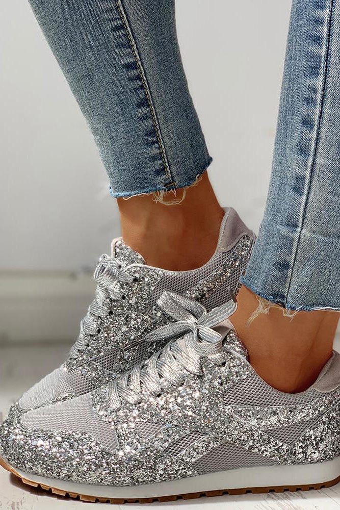 Grey Mesh Sequins Lace up Women Sports Sneakers