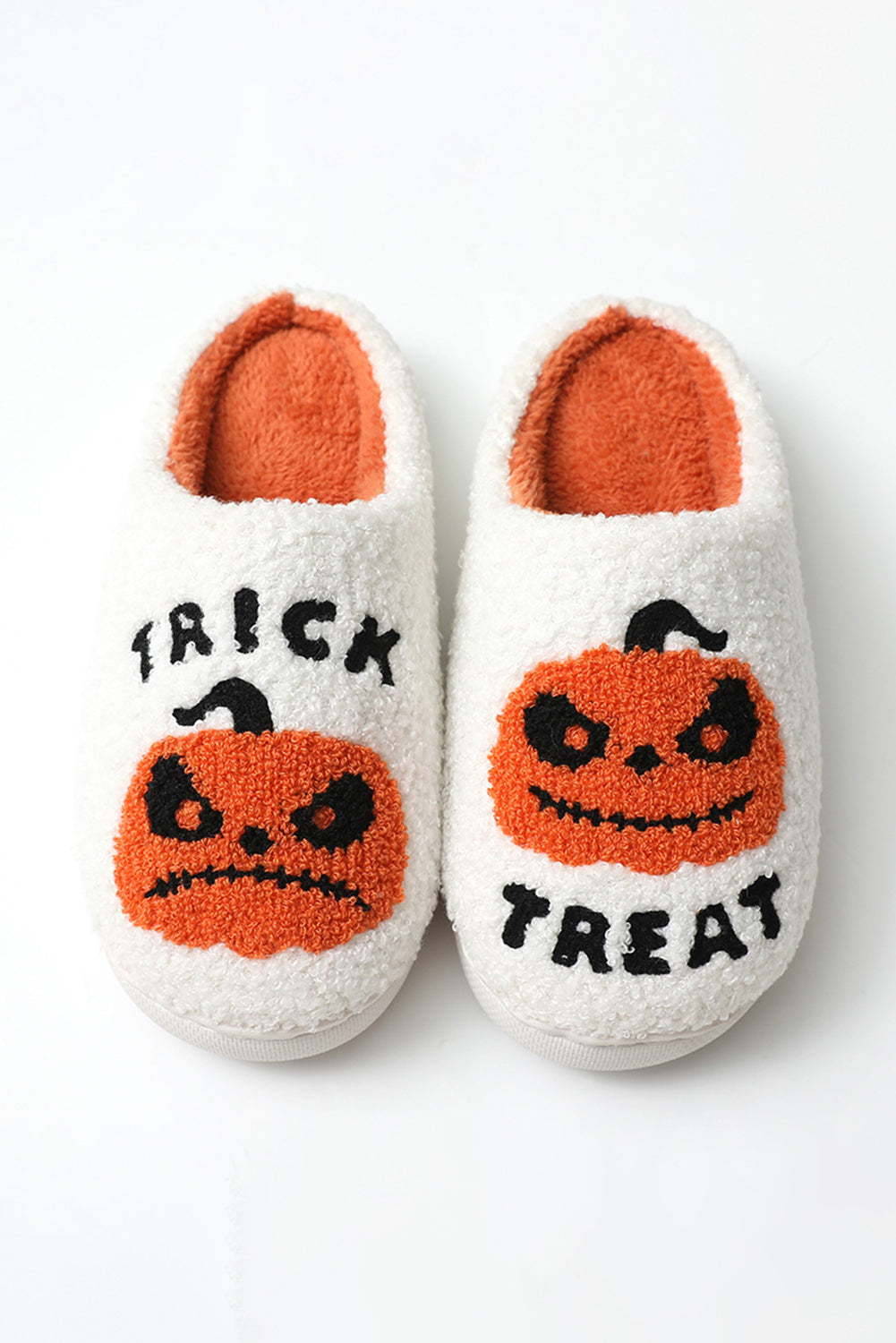 White Halloween Pumpkin Trick Or Treat Plush Slippers