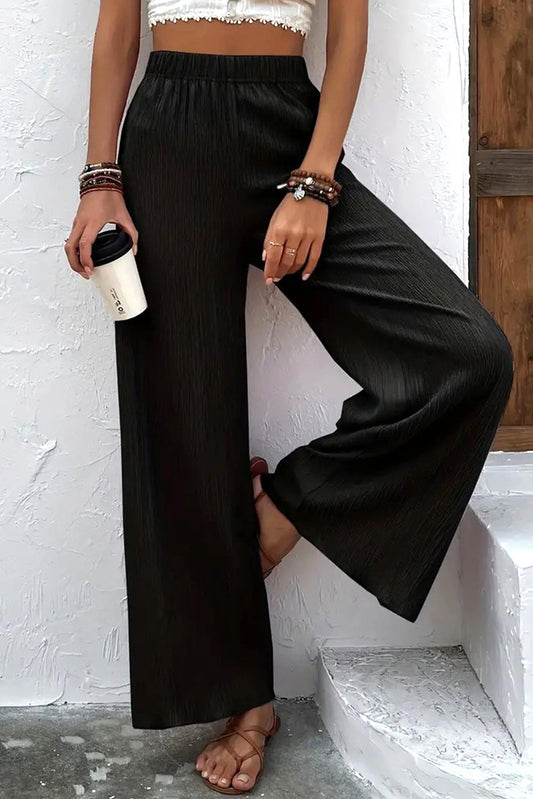 Black Crinkle Elastic Waist Wide-Leg Pants