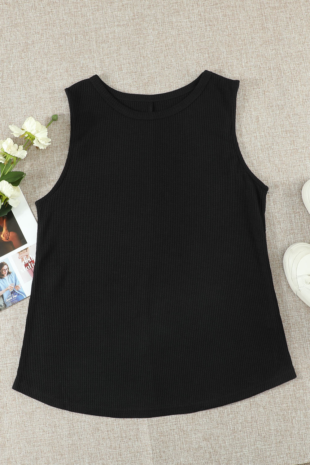 Black Crew Neck Waffle Tank Top