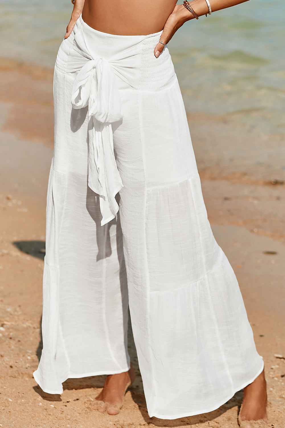 White Smocked High Waist Bohemian Wide Leg Pants