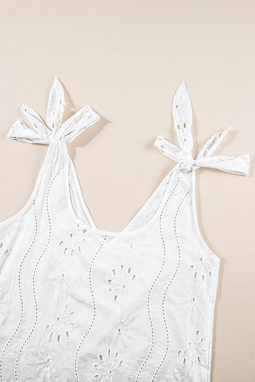 White Embroidery Patterned Knotted Straps V Neck Tank Top