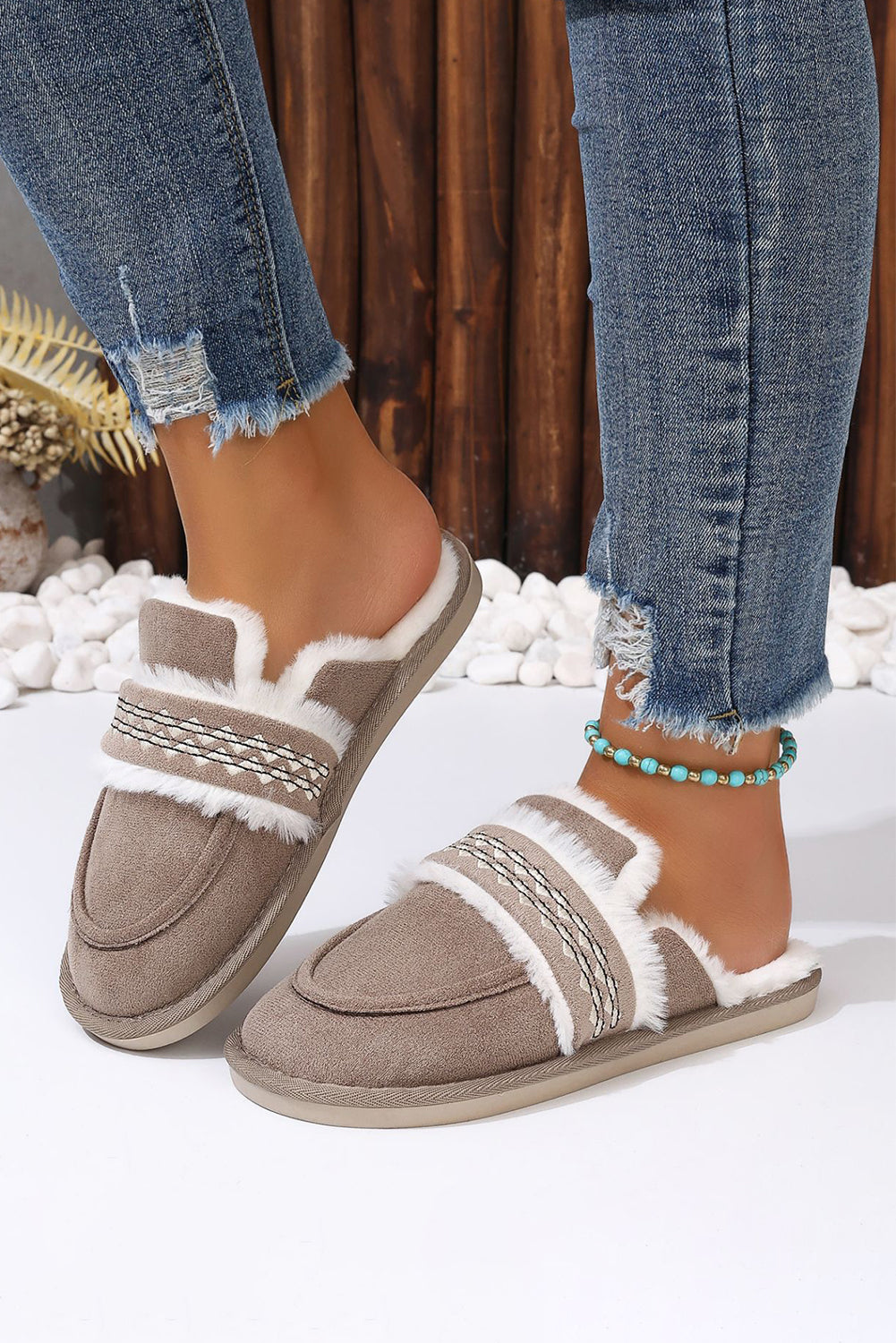 Gray Suede Wavy Striped Plush Lined Slippers (Run Small, Size Up)