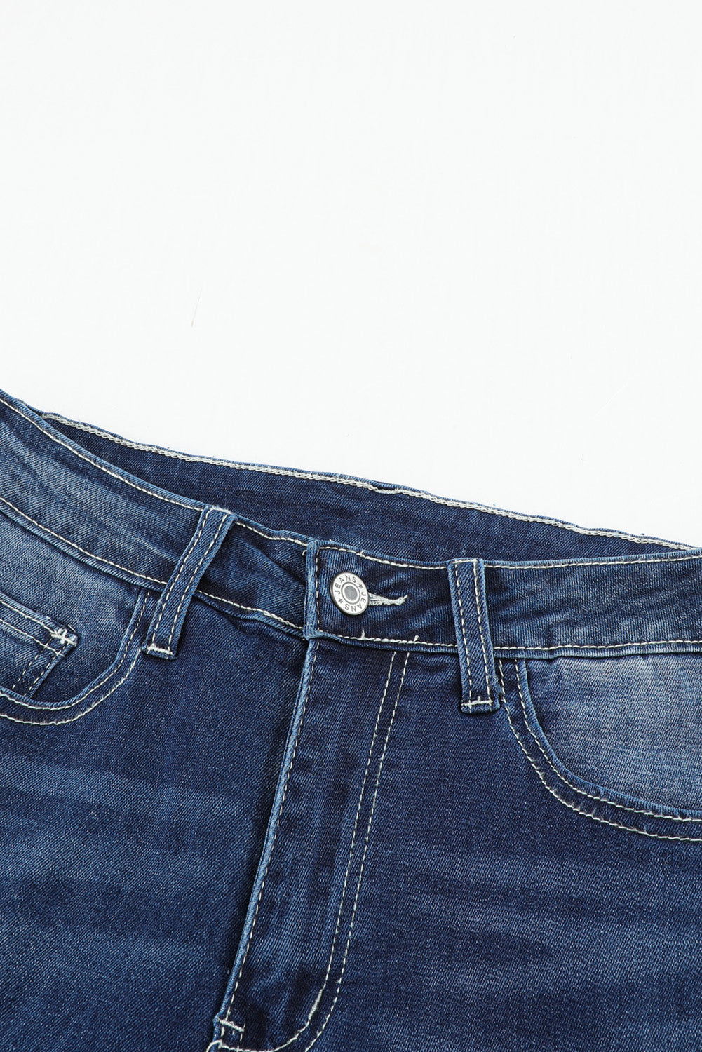 Blue Distressed Raw Hem Button Mid Waist Jeans