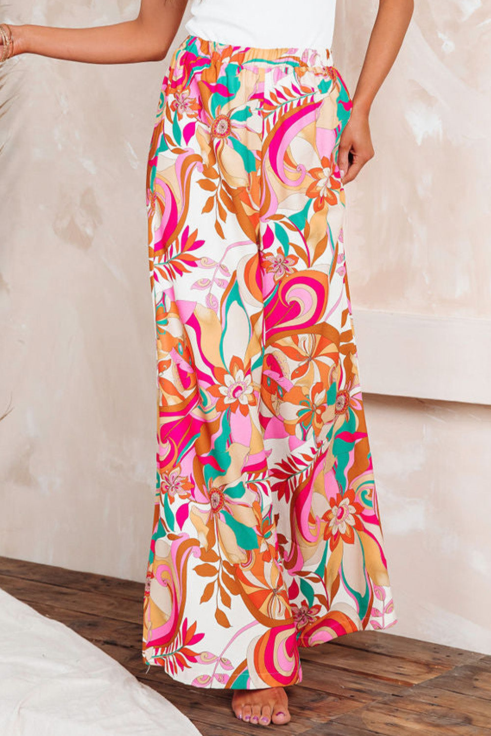 Orange Floral Print Wide Leg Pants