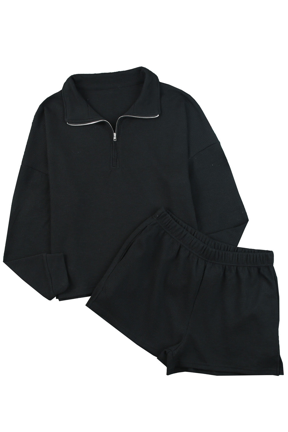 Black Ribbed Zipper Sweatshirt and High Waist Shorts Set