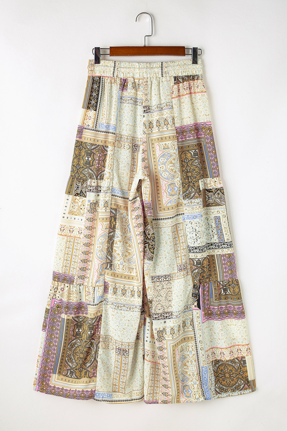 Yellow Boho Patchwork Print Drawstring Wide Leg Pants