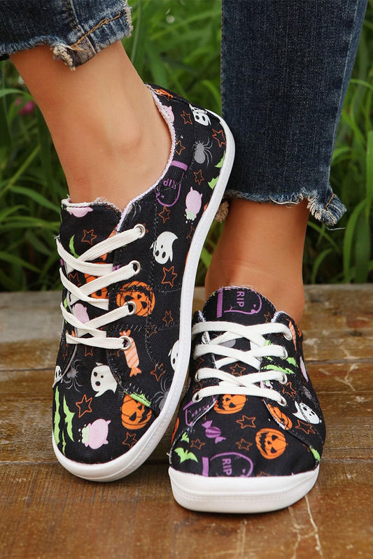 Black Halloween Pumpkin Ghost Print Lace-up Flat Shoes