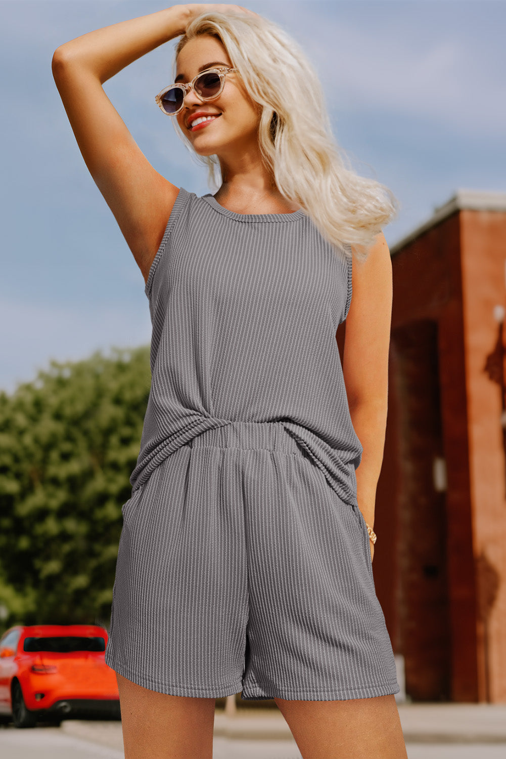 Medium Grey Corded Sleeveless Top and Pocketed Shorts Set