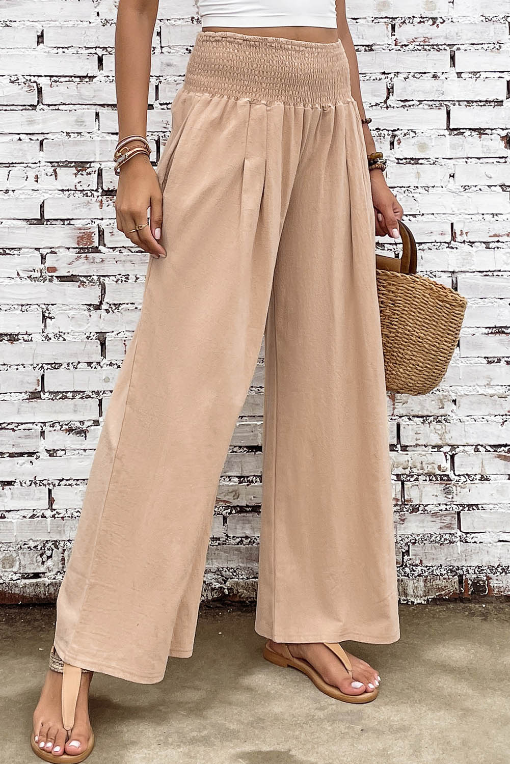 Khaki Smocked Wide Waistband High Waist Wide Leg Pants