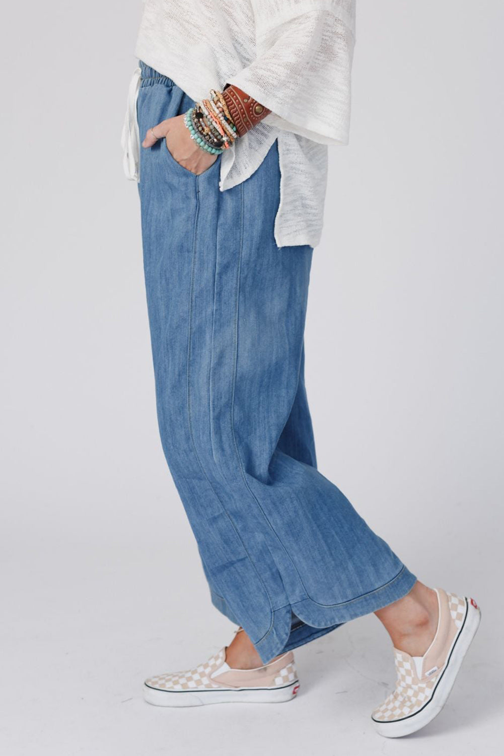 Sky Blue Wide Leg Drawstring Waist Loose Pants