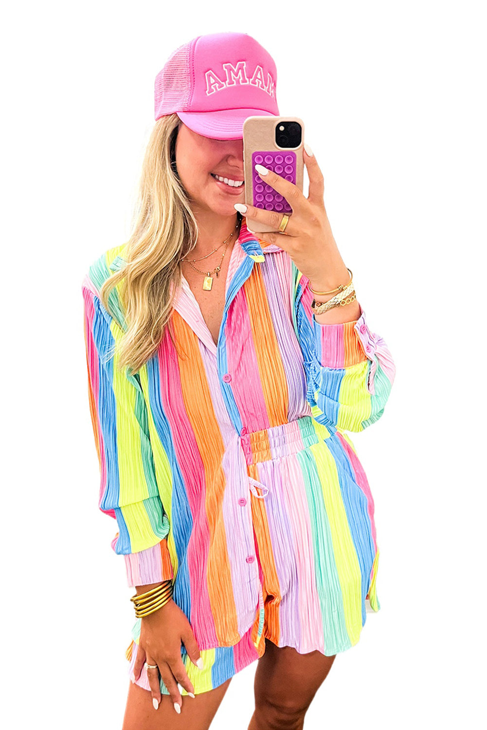 Multicolor Rainbow Stripe Crinckle Shirt and Shorts Outfit