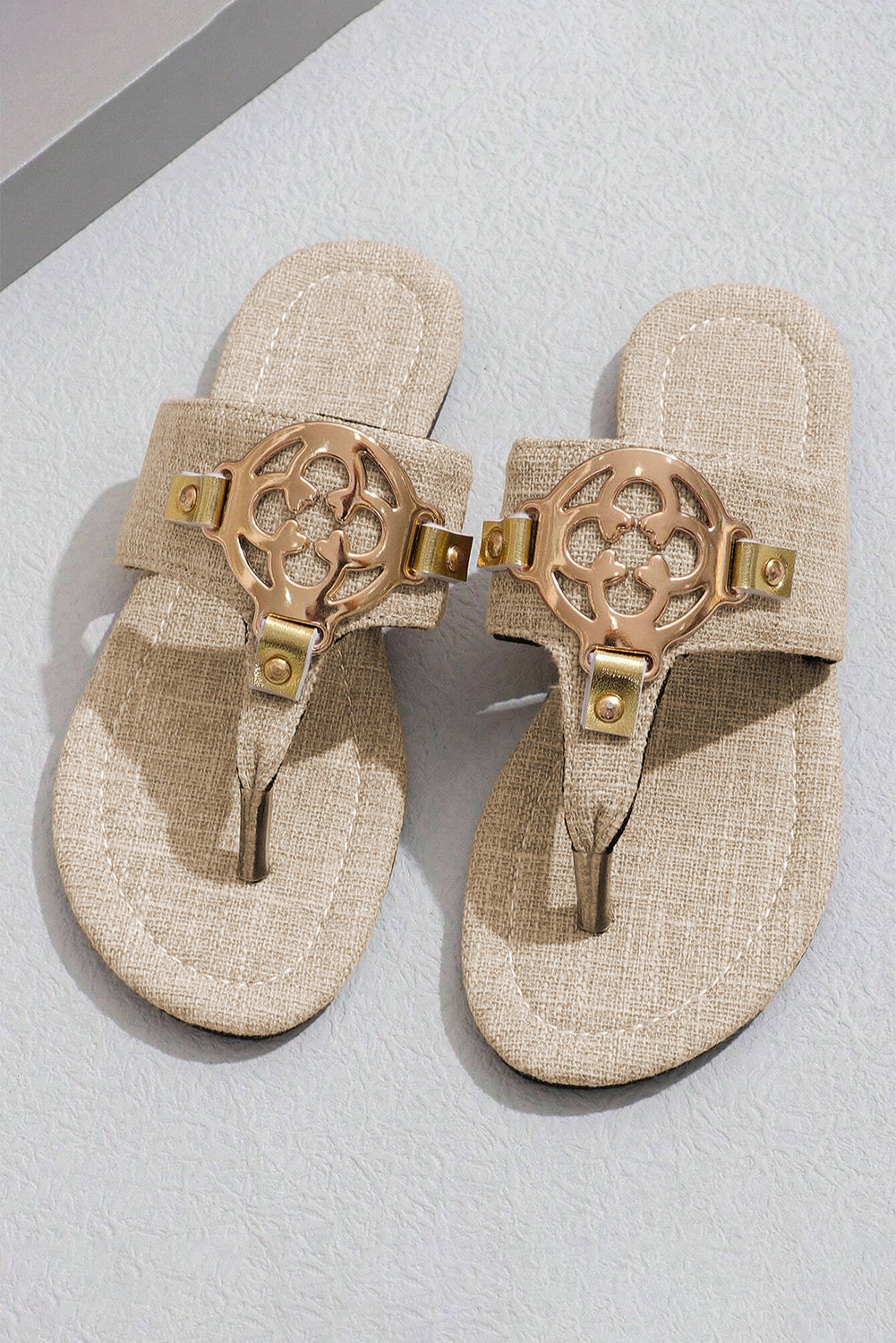 Beige Metal Decor Leather Thong Slippers