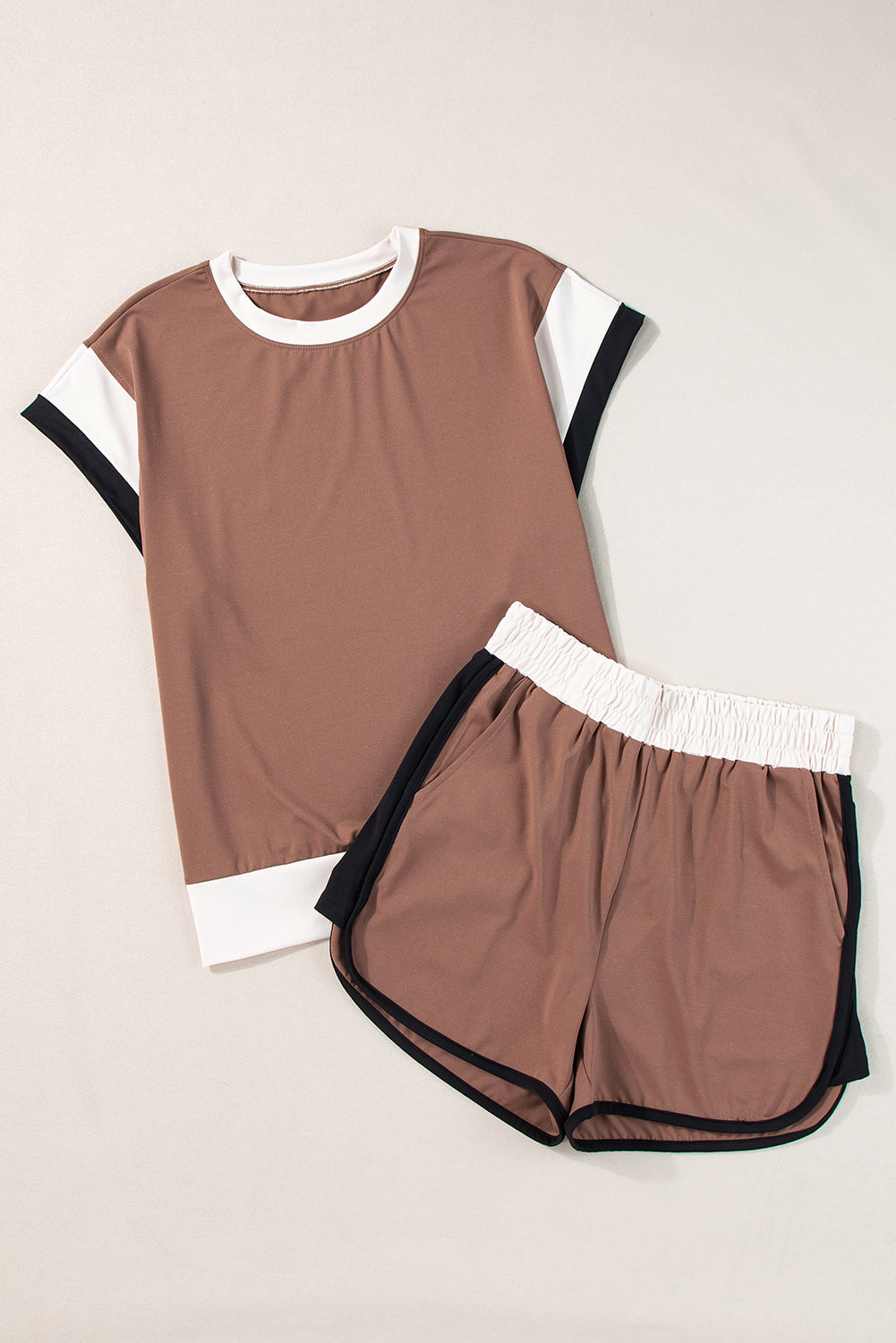 Coffee Contrast Trim Cap Sleeve Tee Shorts Set